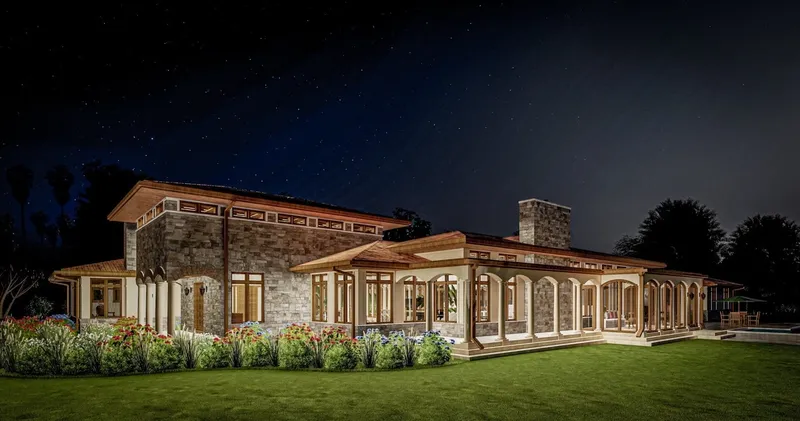 A home glowing at dusk